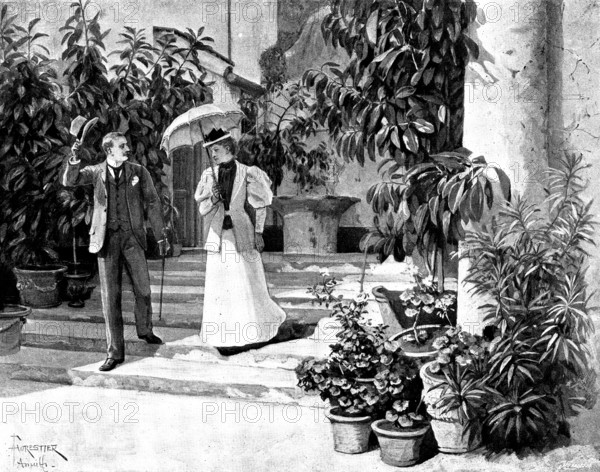 Adam Johnstone's Son: They went as far as the door together. Johnstone turned and walked off, 1895. Creator: George Meisenbach.