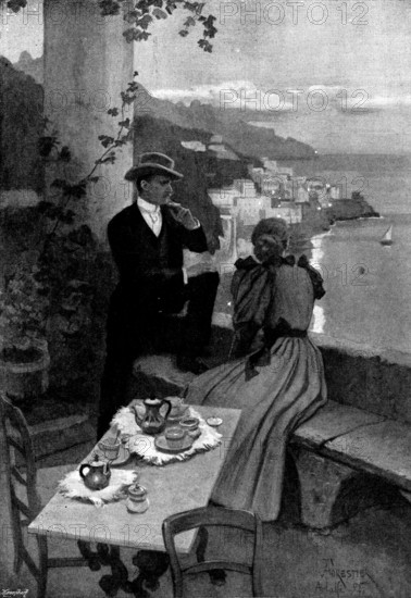 Adam Johnstone's Son: Johnstone sat down upon the wall, while Clare leaned over it, 1895. Creator: George Meisenbach.