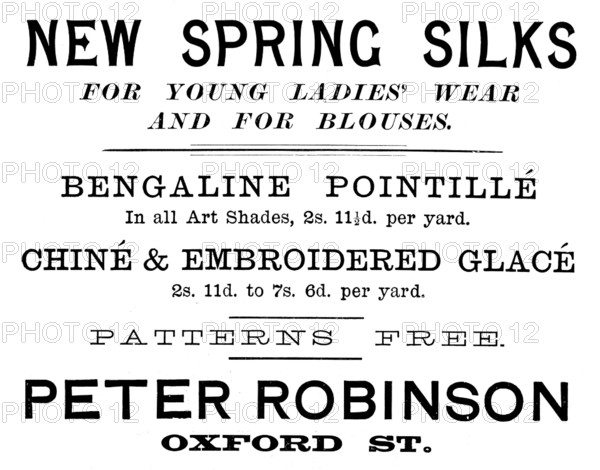 Advertisement for Peter Robinson, New Spring Silks, 1895. Creator: Unknown.