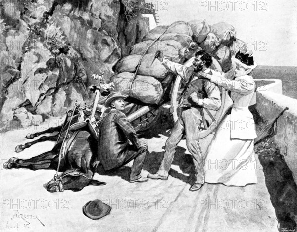 Adam Johnstone's Son: She...threw her arms round the drunken man's neck...and dragged him..., 1895. Creator: George Meisenbach.