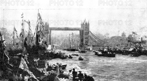 Pictures from the Royal Academy: The Opening of the Tower Bridge - W. L. Wyllie, A.R.A., 1895. Creator: George Meisenbach.