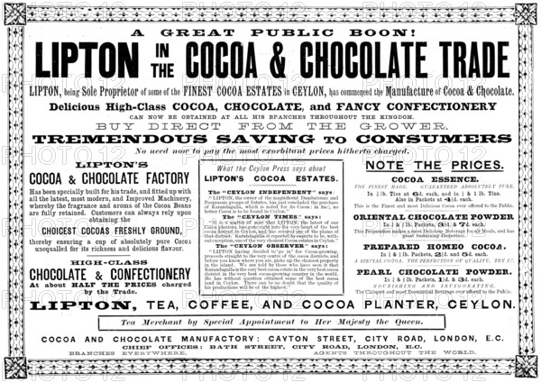 Advertisement for Lipton's Cocoa & Chocolate, 1895. Creator: Unknown.