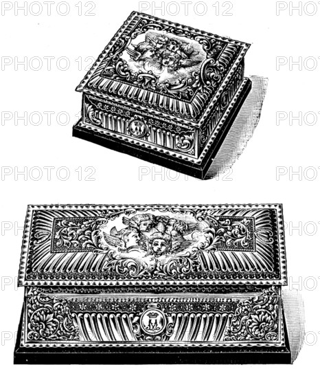 Silver gilt caskets for the toilet-table presented to the Duchess of York by Mr. Walter Mappin, 1895 Creator: Unknown.