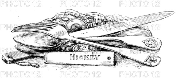 The Franklin Celebration: Franklin relics - cook's knife and its handle, spoons and fork, 1895. Creator: Carl Hentschel.