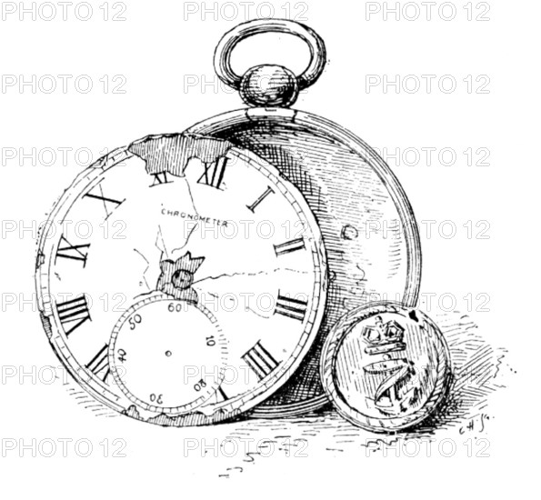 The Franklin Celebration: Franklin relics - uniform-button and broken watch, 1895. Creator: Carl Hentschel.