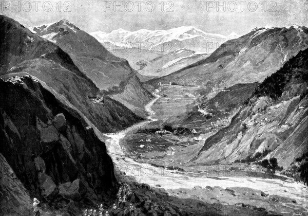 Chitral Expedition: entrance into Bajur, Valley of Panjkora River, contested by Umra Khan..., 1895. Creator: George Meisenbach.