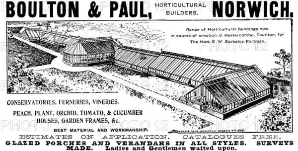 Advertisement for Boulton & Paul, horticultural builders, 1895. Creator: Unknown.