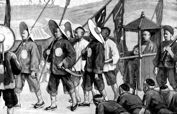 Sketches in Formosa: the General of the "Black Flags" inspecting the fortifications at Takow, 1895. Creator: George Meisenbach.