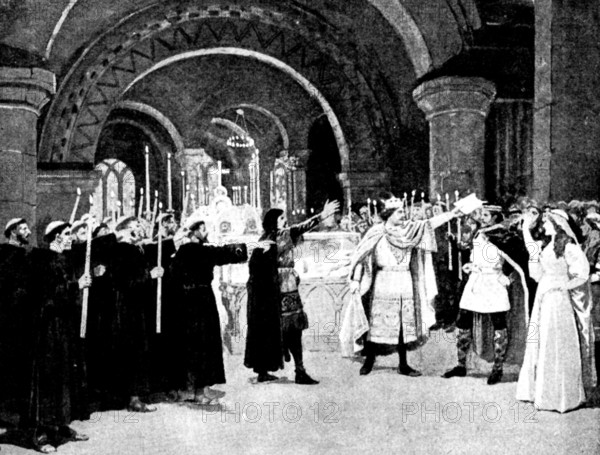 Mr. Cowen's new opera, "Harold": Harold swearing on the bones of a saint..., 1895. Creator: George Meisenbach.