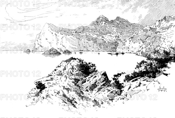 Sketches in Formosa: entrance to Harbour of Keeling, recently bombarded by the Japanese Fleet, 1895. Creator: Carl Hentschel.