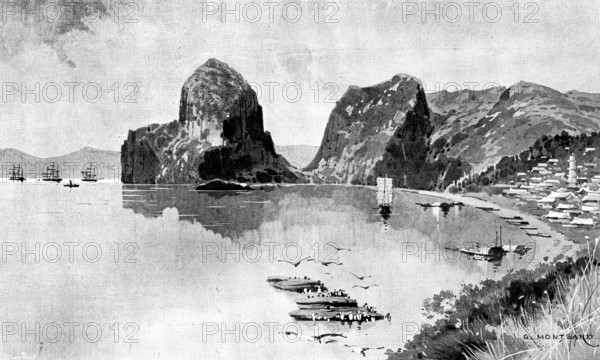 Sketches in Formosa: bay on the north side of Keeling, with fleet at anchor off the town, 1895. Creator: Unknown.