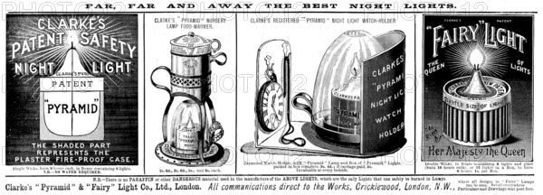 Advertisement for Clarke's "Pyramid" & "Fairy" Light Co., Ltd., 1895. Creator: Unknown.