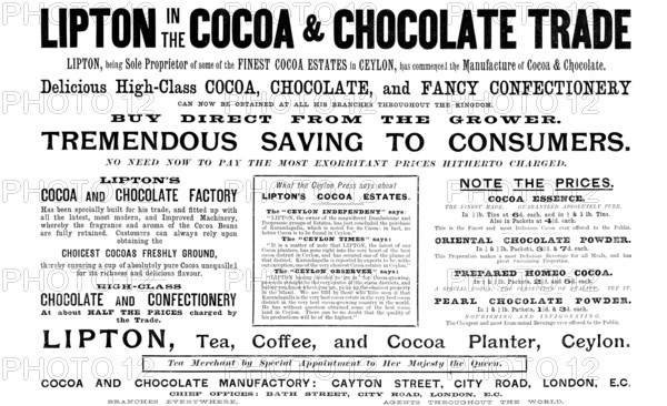 Advertisement for Lipton's tea, coffee and cocoa, 1895. Creator: Unknown.