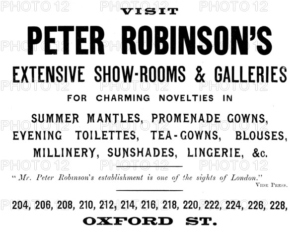 Advertisement for Peter Robinson's, womenswear, 1895. Creator: Unknown.