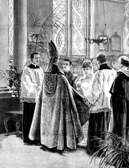 Marriage of the Duc d'Aosta with Princesse Hélène d'Orléans, in the...Chapel of St. Raphael..., 1895 Creator: P Naumann.