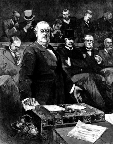 The Ministerial Crisis: Sir William Harcourt announcing the resignation of the Government..., 1895. Creator: R. Taylor & Co..