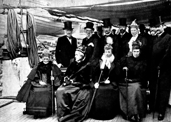 The Danish Royal Family visiting Mr. and Mrs. Gladstone on the "Tantallon Castle", Copenhagen, 1895. Creator: George Meisenbach.