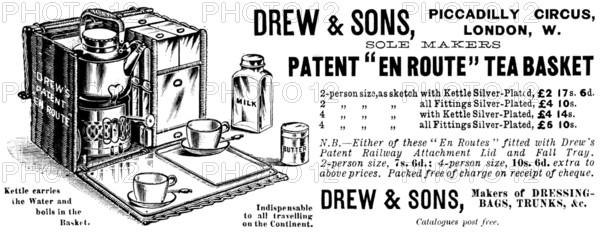 Advertisement for Drew & Sons' Patent "En Route" Tea Basket, 1895. Creator: Unknown.