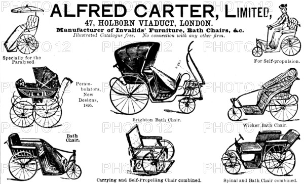 Advertisement for Alfred Carter, Ltd, Manufacturer of Invalids' Furniture, Bath Chairs, &c., 1895. Creator: Unknown.
