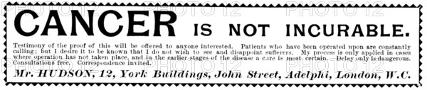 Advertisement for Mr. Hudson's cure for cancer, 1895. Creator: Unknown.