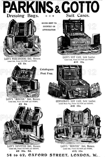 Advertisement for Parkins & Gotto, Dressing Bags and Suit Cases, 1895. Creator: Unknown.