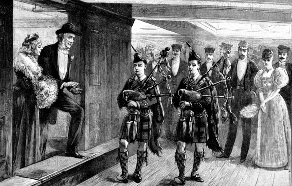 Opening of the Kaiser Wilhelm Canal...: piping to dinner on board the "Tantallon Castle", 1895. Creator: Unknown.