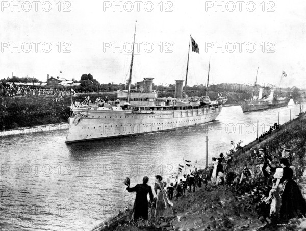 The Kaiser's Yacht, the "Hohenzollern," leading the procession through the Canal, 1895. Creator: George Meisenbach.
