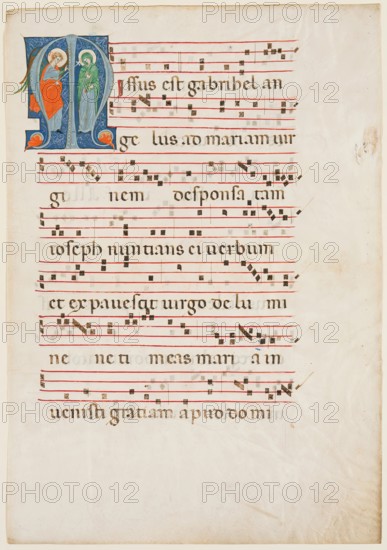 Antiphonary Leaf: Historiated "M" with Annunciation, about 1270-1280. Creator: Master of Imola.