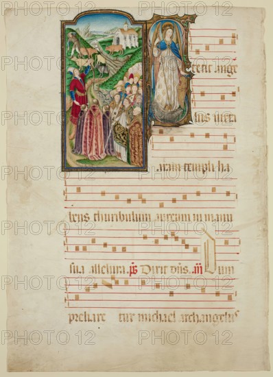 Miracle of Mount Gargano; Historiated "S" with Saint Michael, late 15th century. Creator: Circle of Jaume Huguet.