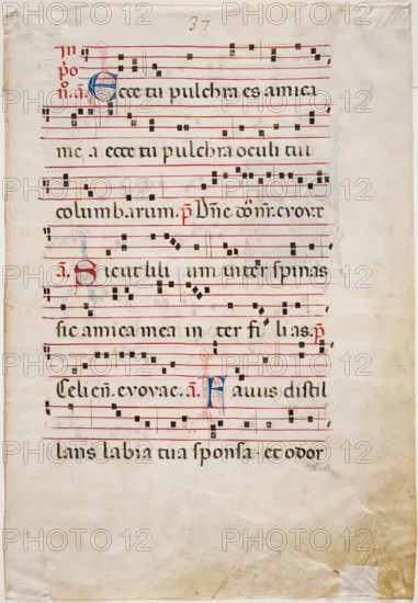 Antiphonary Leaf: Text with Musical Notation with Three Ornamental Letters, between 1270 and 1280. Creator: Master of Imola.