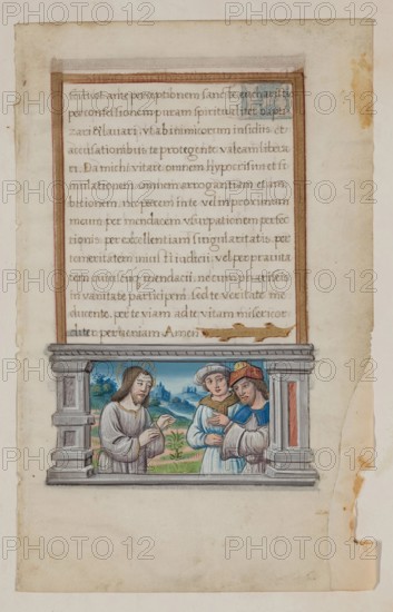 Leaf with Framed Text with Framed Miniature of Road to Emmaus, early 16th century. Creator: School of Jean Colombe.