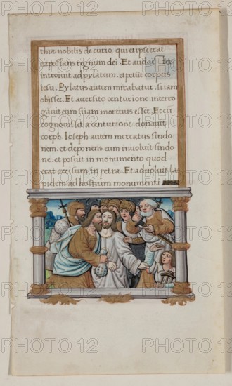 Leaf with Framed Text with Framed Miniature of the Betrayal, early 16th century. Creator: School of Jean Colombe.