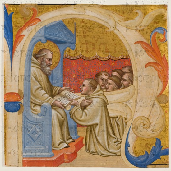 Choral Leaf Fragment: Historiated "A" with Six Monks Presenting a Book to an Enthroned....(?), c1400 Creator: Unknown.