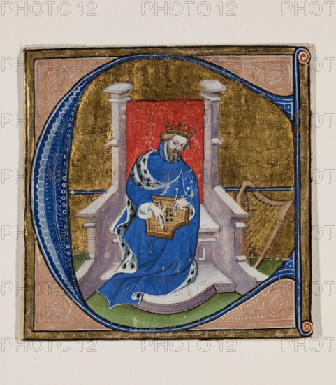 Leaf Fragment with Historiated "E" with King David Playing Psaltery, 15th century. Creator: Unknown.