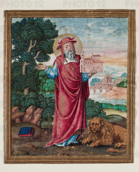 Leaf Fragment with Framed Miniature with Saint Jerome Holding Model Church, 16th century. Creator: Unknown.