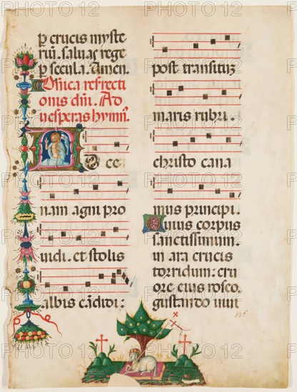 Antiphonary Leaf: Historiated "A" with Risen Christ and Agnus Dei in Bottom Margin, late 15th cent. Creator: Unknown.