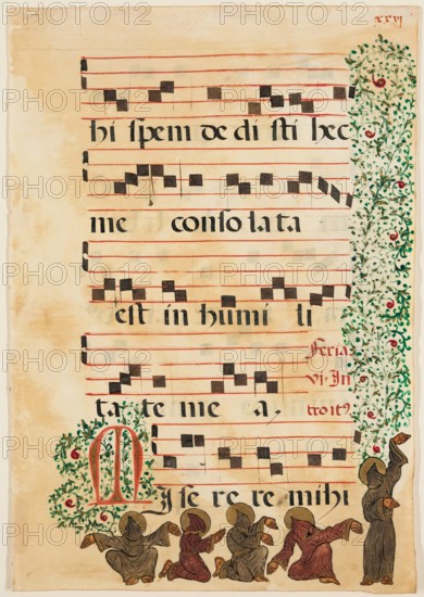 Choral Leaf: Text with Musical Notation, Partial Foliate Border, and Five Franciscan (?) Monks... Creator: Unknown.