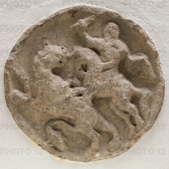 Roundel with Horsemen in Combat with a Feline Animal, between 12th and 13th century. Creator: Unknown.