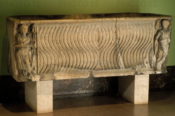 Strigilated Sarcophagus with Figures of Salus & Asclepius, 3rd century. Creator: Unknown.