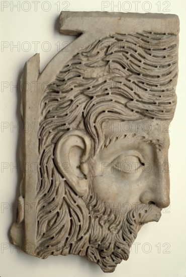 Sarcophagus Lid Fragment, Head of Bearded Man, mid-3rd century. Creator: Unknown.