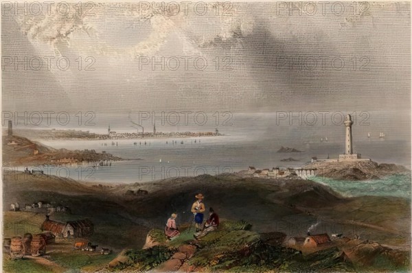 Peterhead, (View from the South showing Lighthouse) DA, c1840s. Creator: William Henry Bartlett.