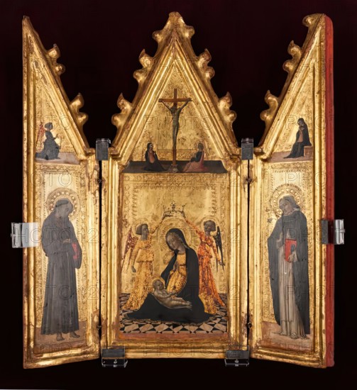 Madonna of Humility Crowned by Two Angels, Saints Francis and Dominic, Annunciation and...c1430-40. Creator: Vecchietta.