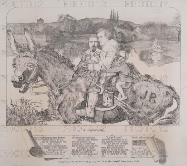 Satire of Millais's Painting -" St. Isumbras at the Ford", c1857. Creator: Frederick Augustus Sandys.