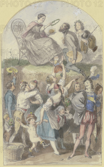 A crowning of an artist, a crowd below. Creator: Albert Hendschel.