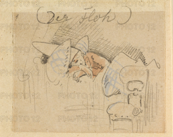 The disturbed but happily regained night's rest, (The Flea); 1, 1862. Creator: Wilhelm Busch.