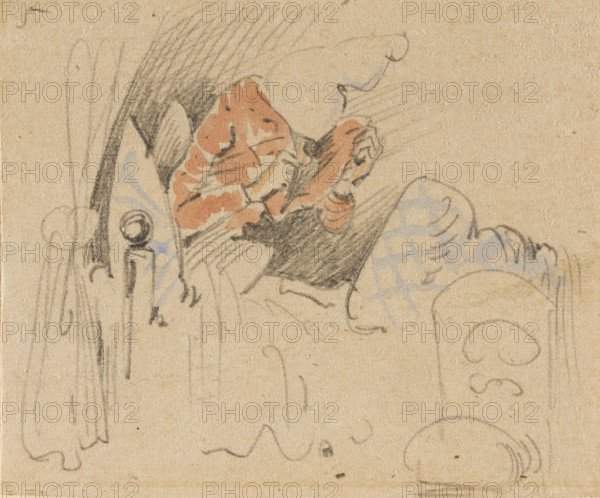 The disturbed but happily regained night's rest, (The Flea); 5, 1862. Creator: Wilhelm Busch.