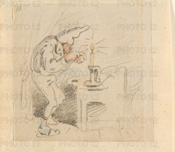 The disturbed but happily regained night's rest, (The Flea); 16, 1862. Creator: Wilhelm Busch.