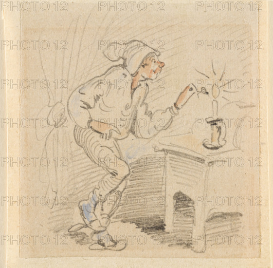 The disturbed but happily regained night's rest, (The Flea); 17, 1862. Creator: Wilhelm Busch.