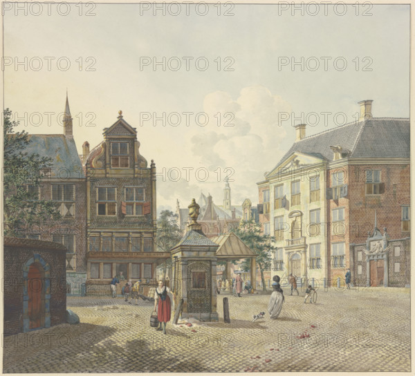 A well house in an open space, with a maid in a red skirt and a bucket. Creator: Johannes Huibert Prins.