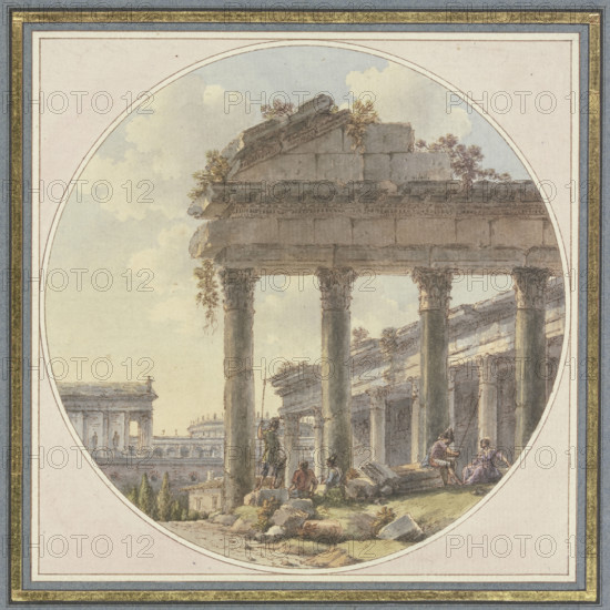 Architectural capriccio: Temple ruin and figures. Creator: Victor Jean Nicolle.